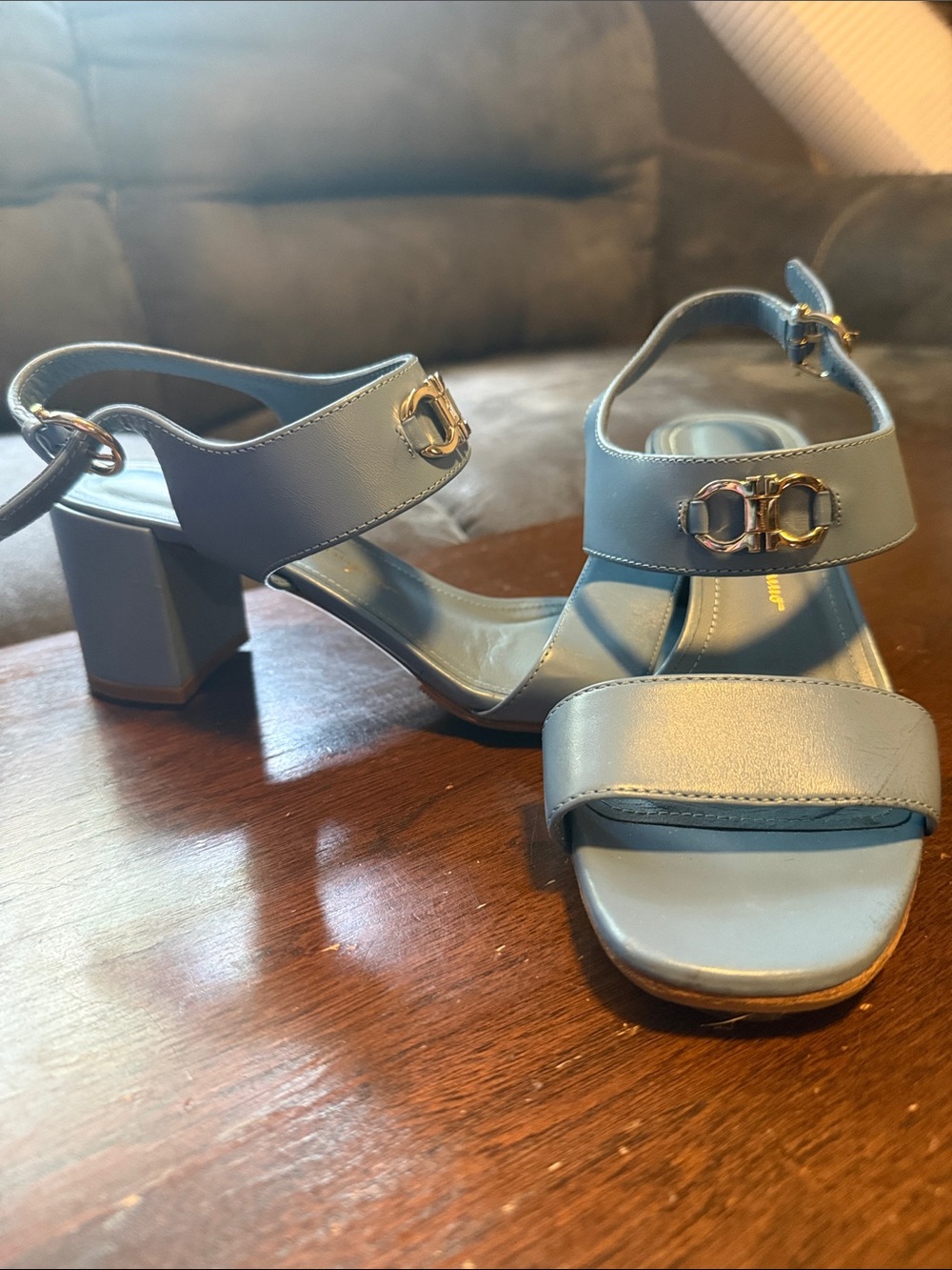 Salvatore Ferragamo Light Blue Leather Sandals with Gold Buckle - Picture 2 of 5